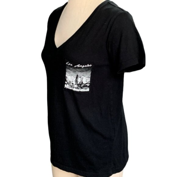 Forever 21 Womens V-Neck Pocket Graphic Tee Los Angeles Sz M Black #40C - Picture 4 of 8